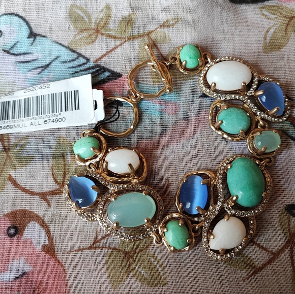 Badgley Mischka Ann Taylor Toggle Clasp Genuine Stones Bracelet Gold Tone Beachy - Picture 2 of 13